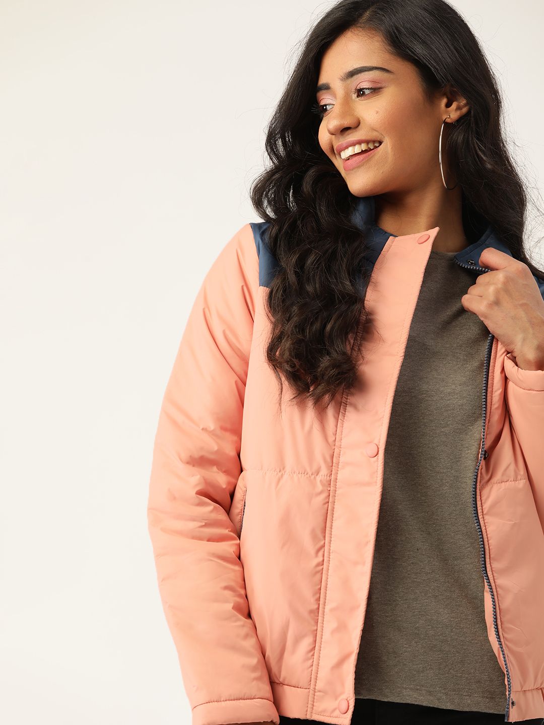 DressBerry Women Peach-Coloured Blue Padded Hooded Jacket Price in India