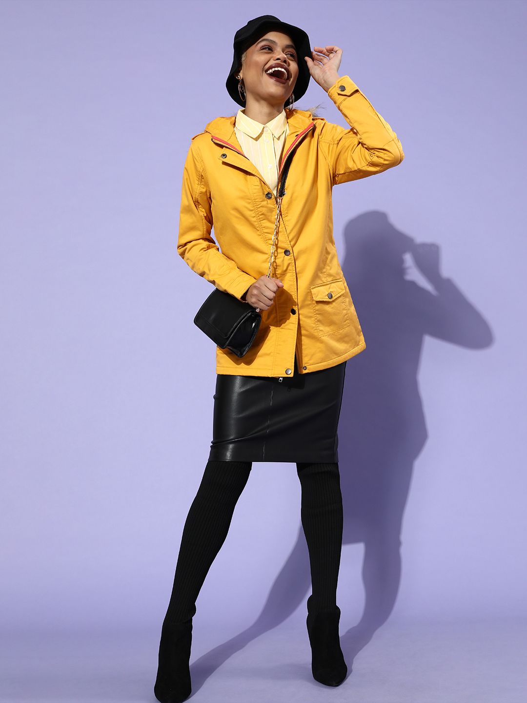 DressBerry Women Mustard Yellow Solid Hooded Parka Jacket Price in India