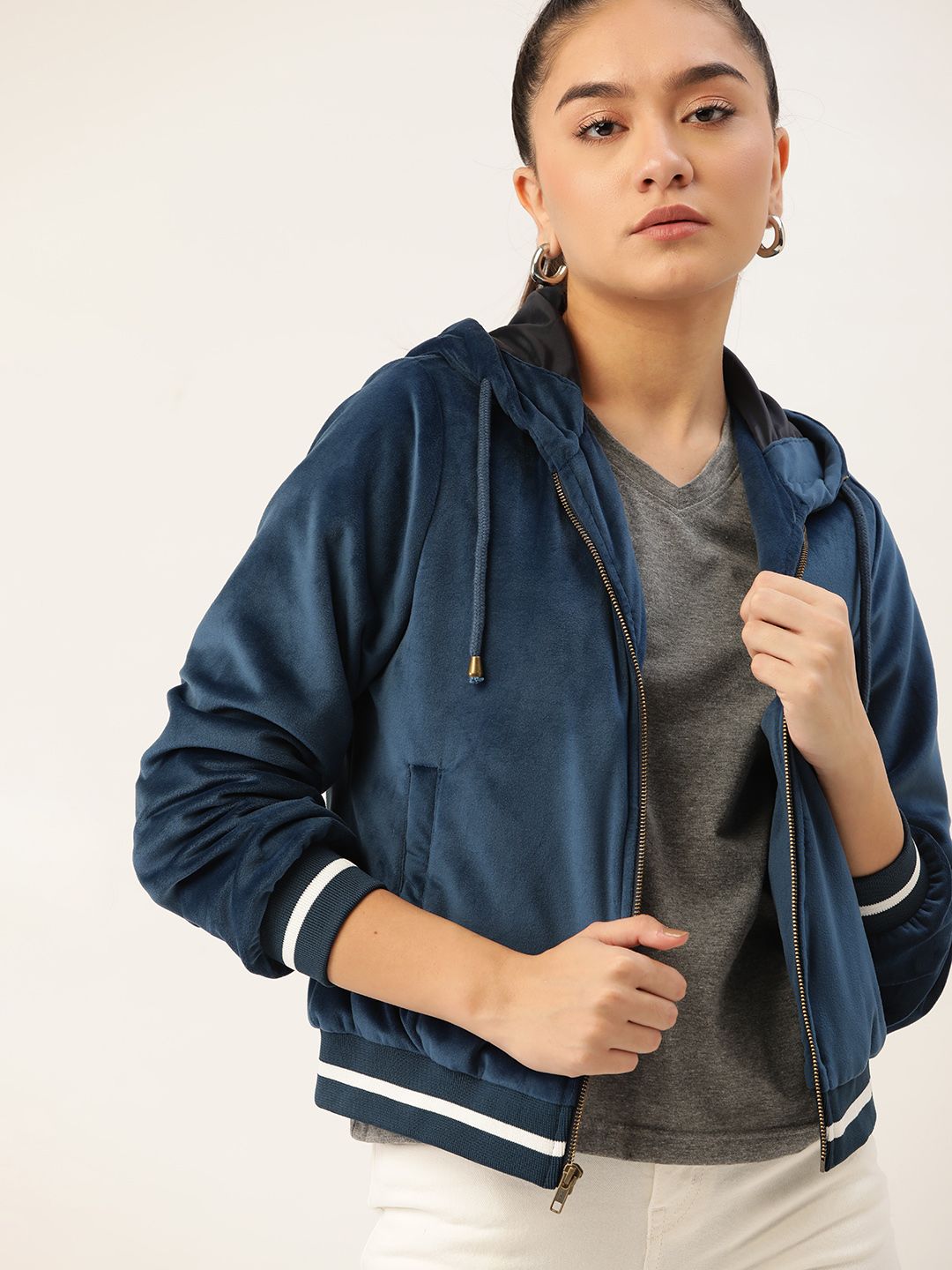 DressBerry Women Navy Blue Velvet Finish Hooded Bomber Jacket Price in India