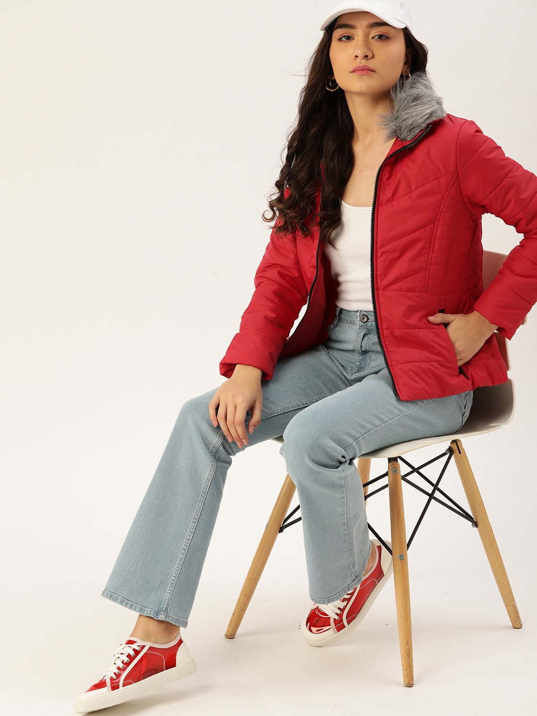 DressBerry Women Red Solid Detachable Faux Fur Padded Jacket Price in India