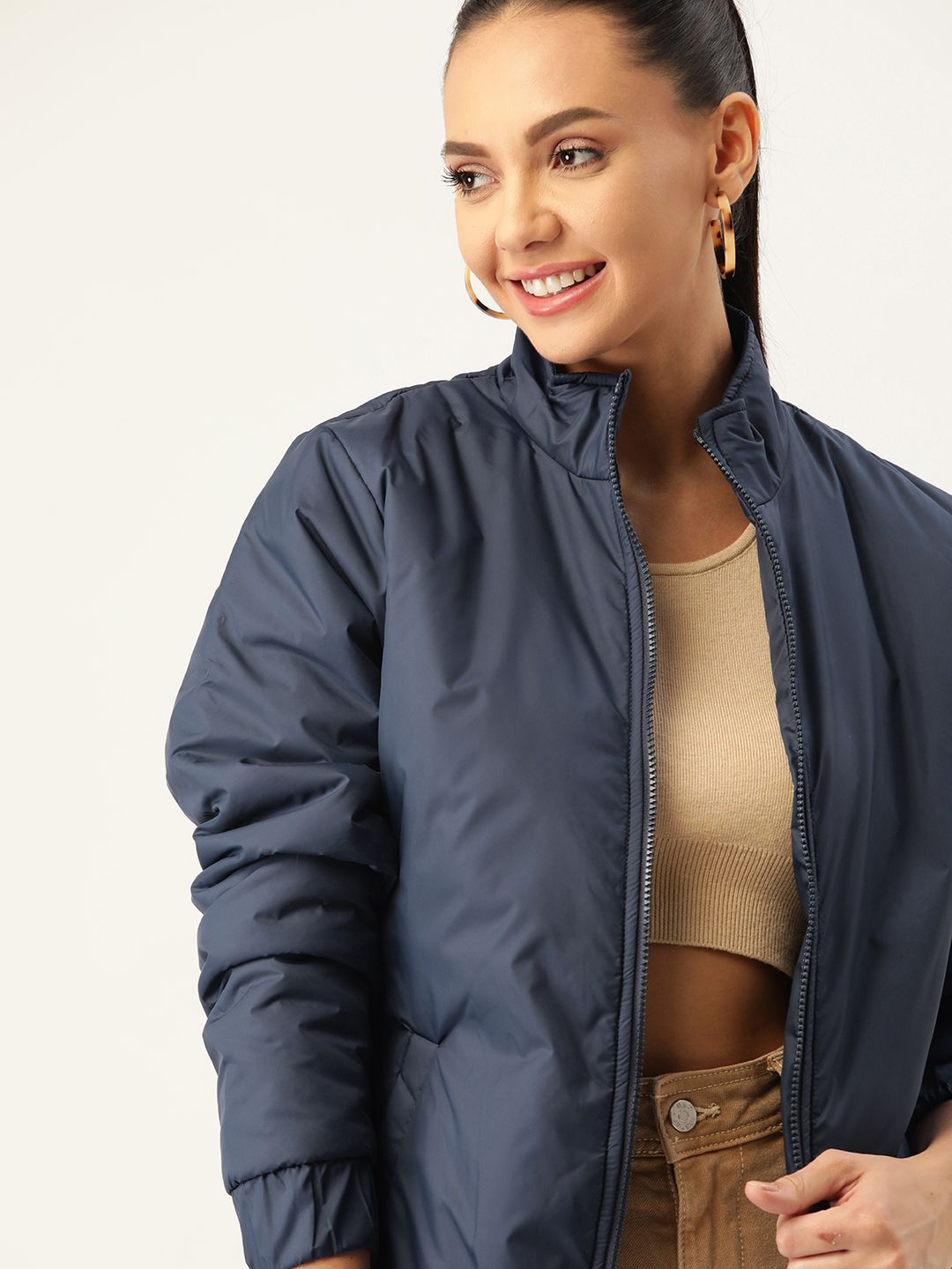 DressBerry Women Navy Blue Solid Padded Jacket Price in India