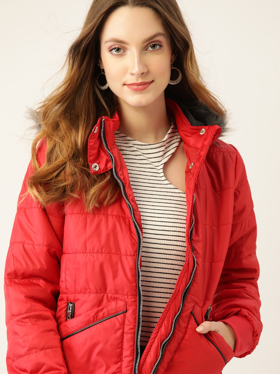 DressBerry Women Red Hooded Parka Jacket Price in India
