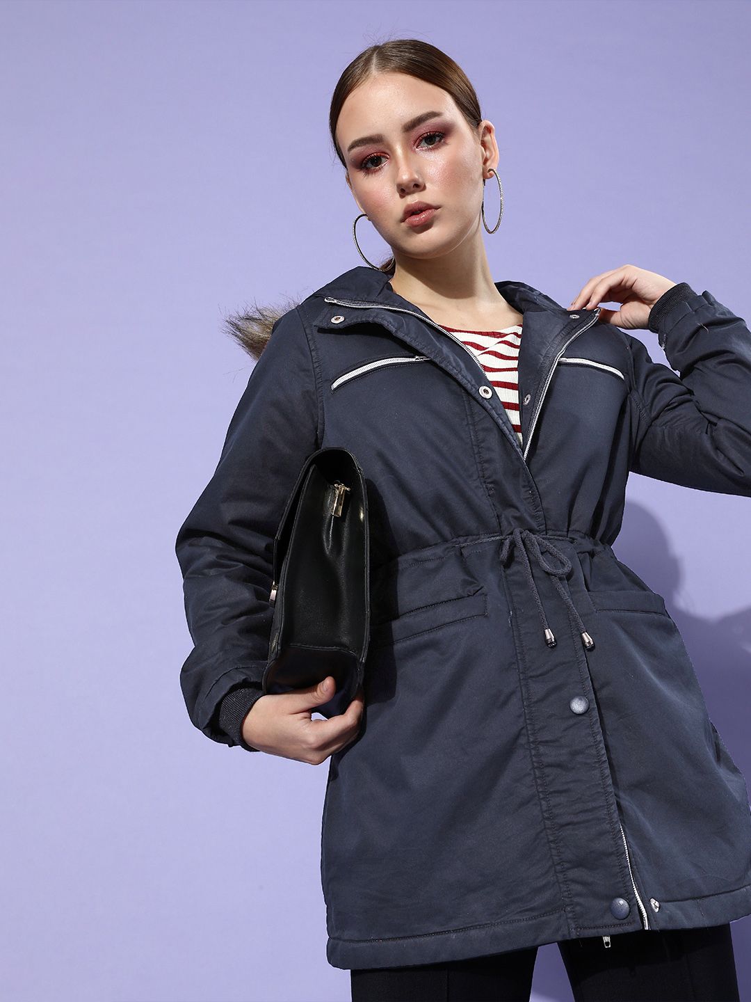 DressBerry Women Navy Blue Solid Longline Parka Hooded Jacket Price in India