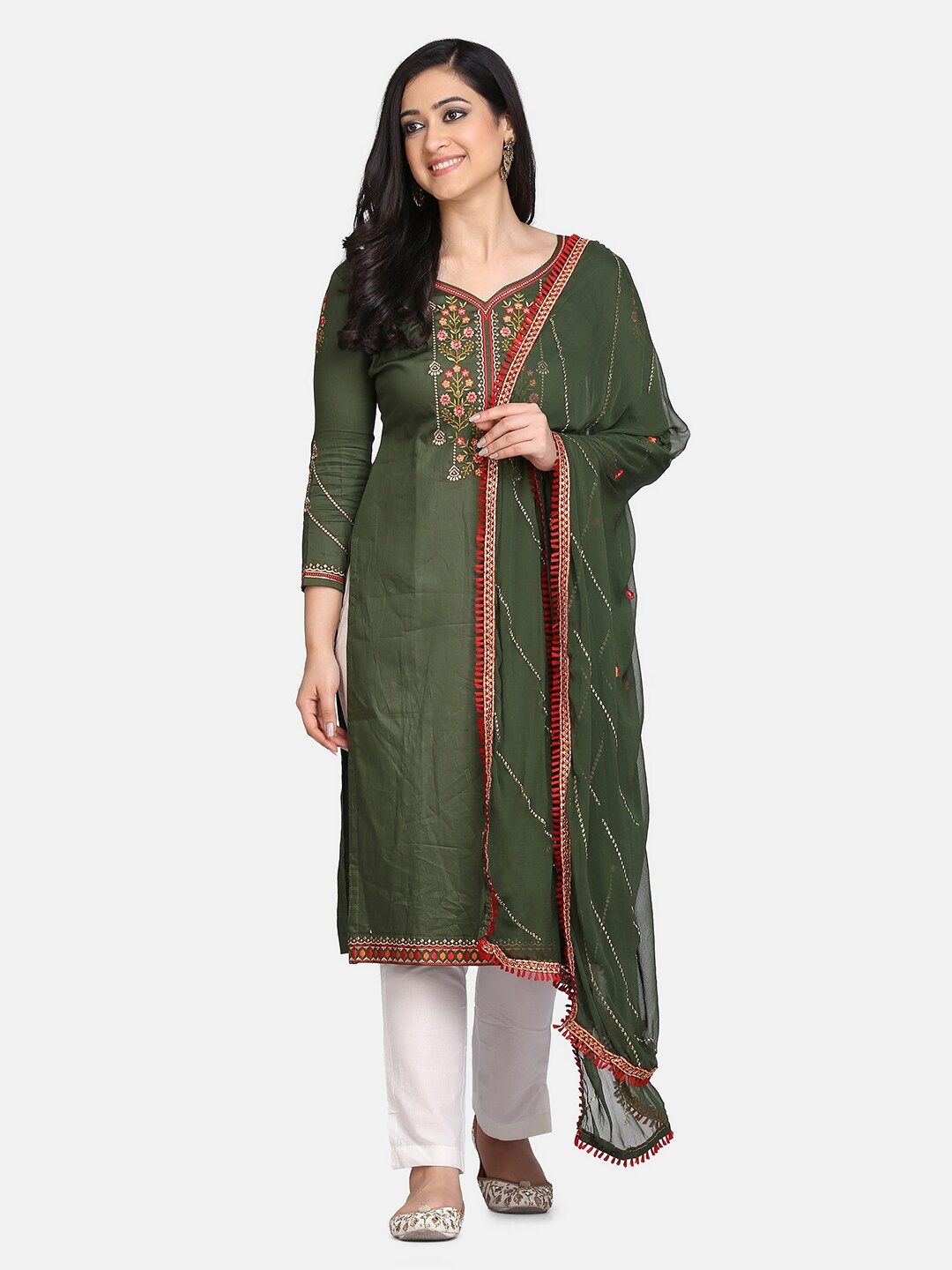 Shaily Green & White Pure Cotton Unstitched Dress Material Price in India
