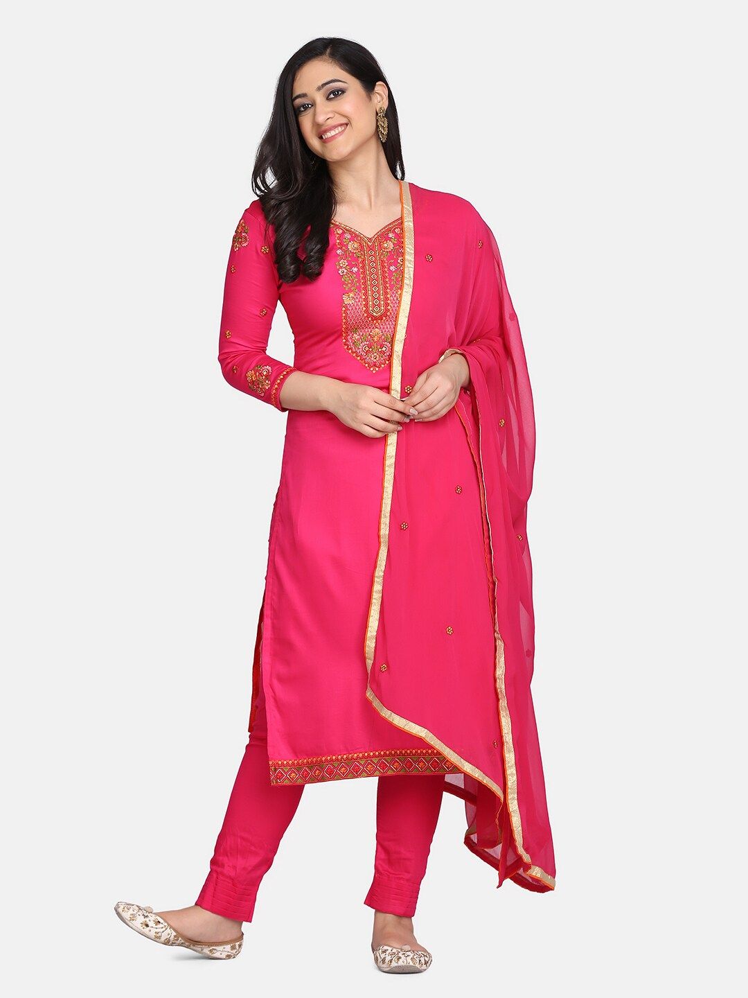 Shaily Pink & Green Pure Cotton Unstitched Dress Material Price in India