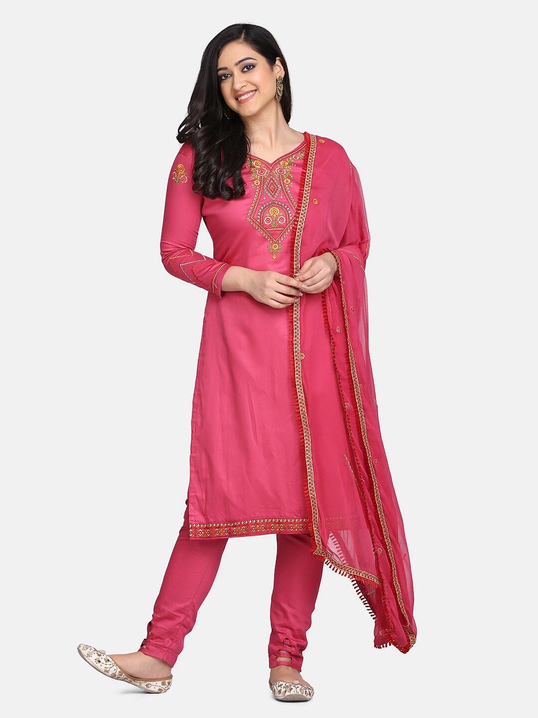 Shaily Pink & Yellow Embroidered Pure Cotton Unstitched Dress Material Price in India