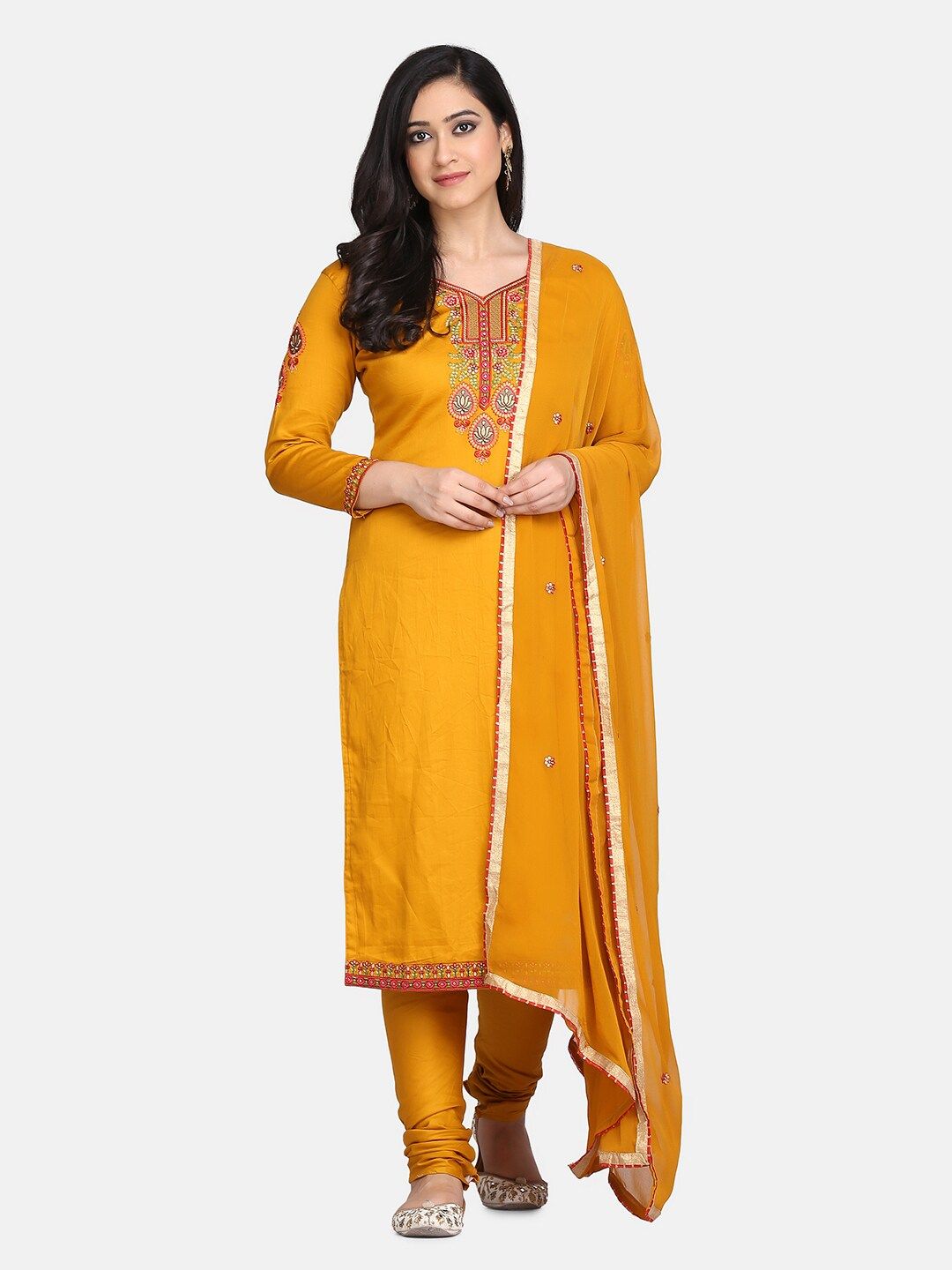 Shaily Mustard Yellow & Red Pure Cotton Unstitched Dress Material Price in India