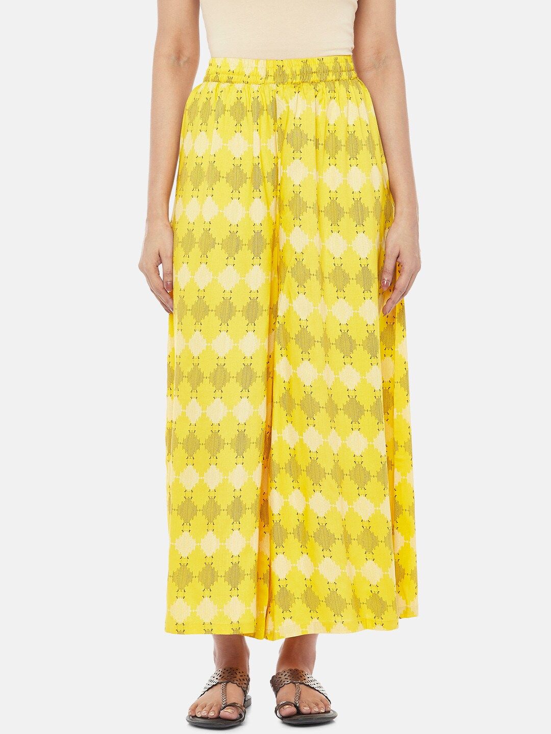 RANGMANCH BY PANTALOONS Women Yellow & White Printed Wide Leg Palazzos Price in India