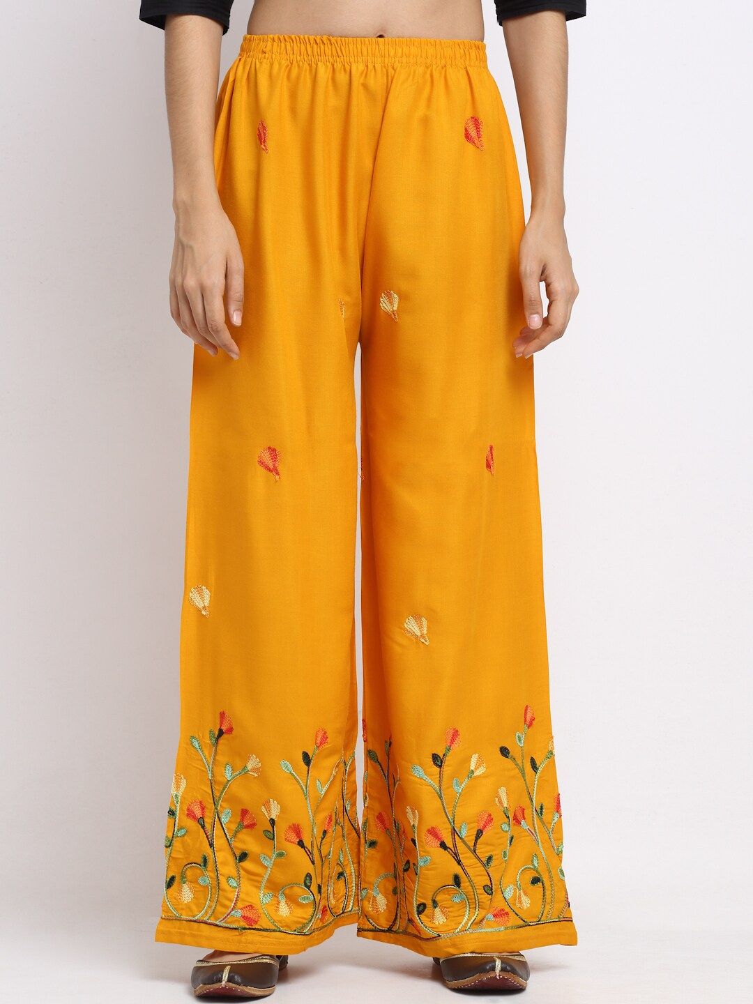 NEUDIS Women Yellow & Green Embroidered Wide Leg Palazzos Price in India