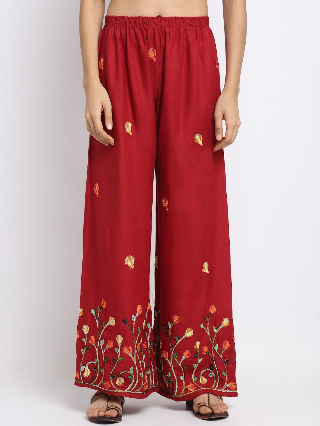 NEUDIS Women Maroon & Green Embroidered Wide Leg Palazzos Price in India