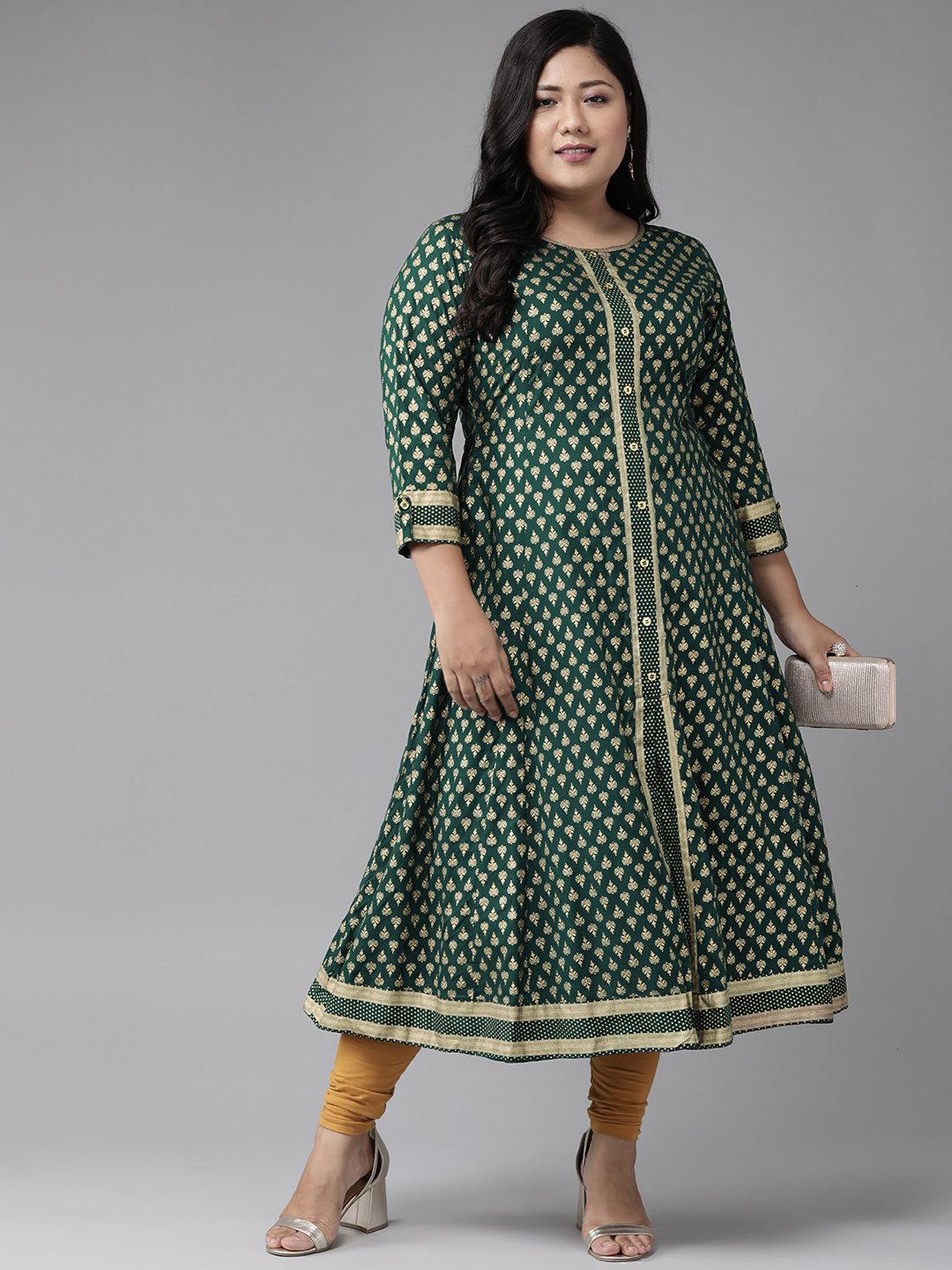 YASH GALLERY Women Plus Size Green & Golden Printed Anarkali Kurta Price in India