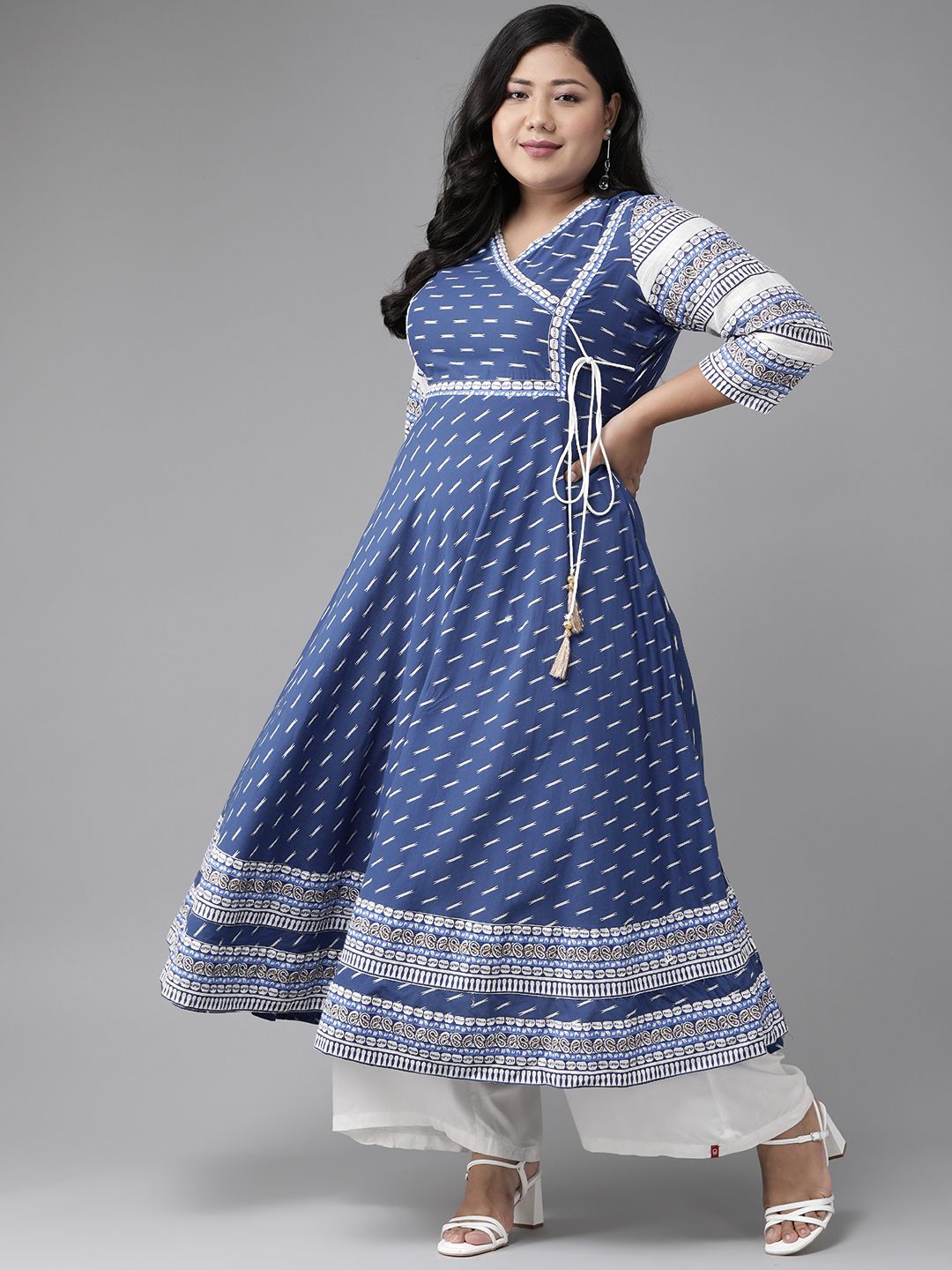 YASH GALLERY Plus Size Women Navy Blue & White Geometric Printed Angrakha Kurta Price in India