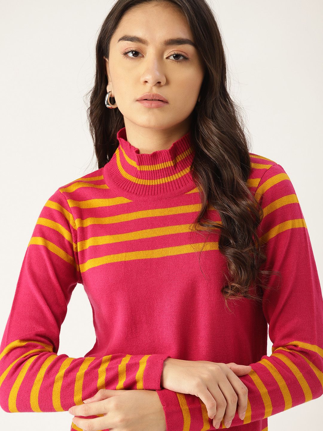 DressBerry Women Pink & Mustard Yellow Striped Pullover Price in India