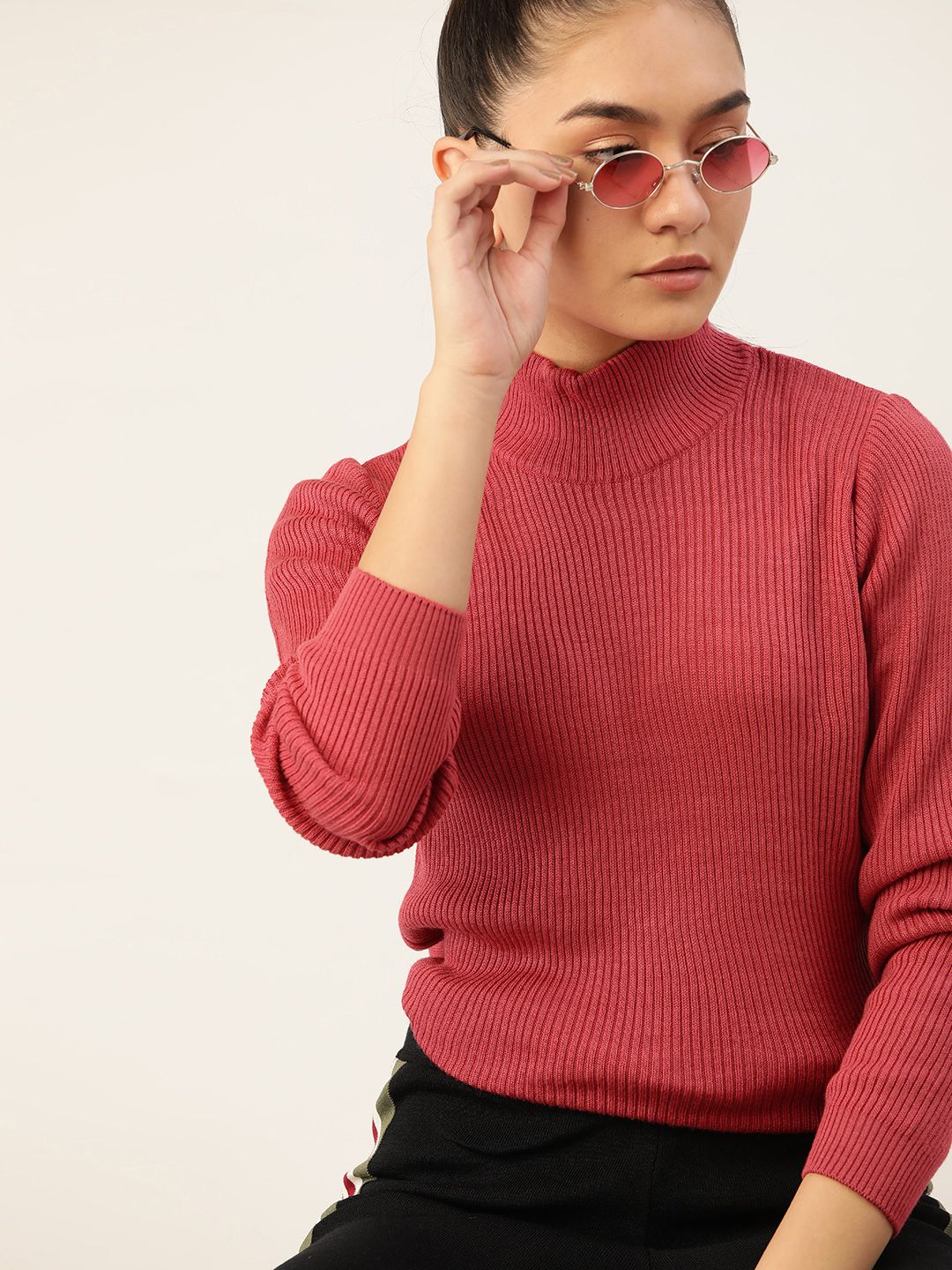 DressBerry Women Red Ribbed Longline Pullover Price in India
