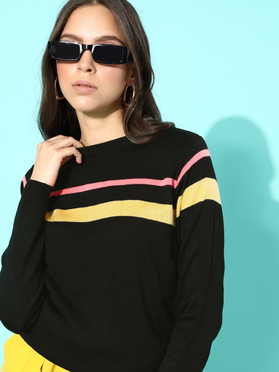 DressBerry Women Stylish Black Striped Knitted Sweater Price in India