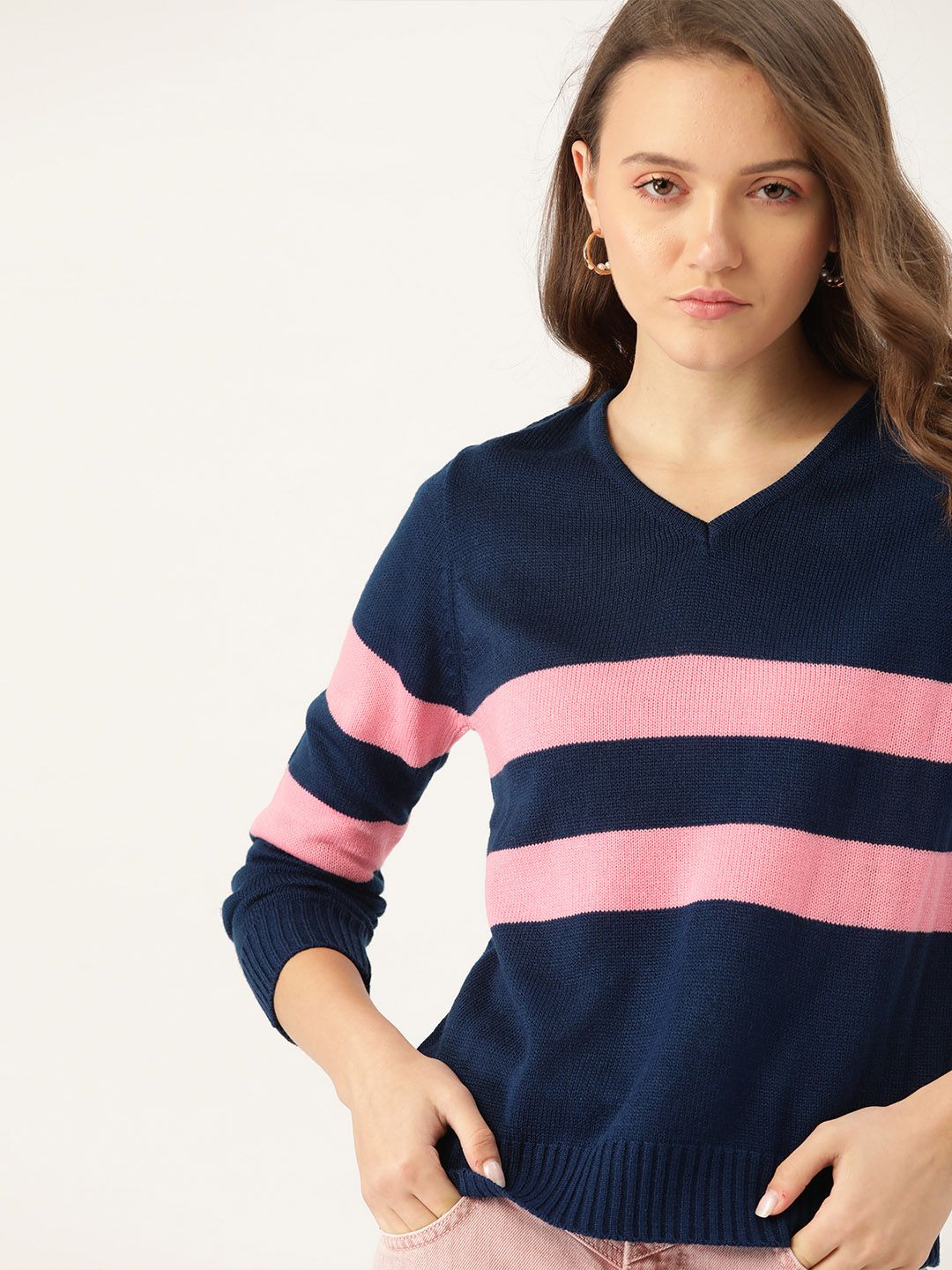 DressBerry Women Navy Blue & Pink Striped Pullover Price in India