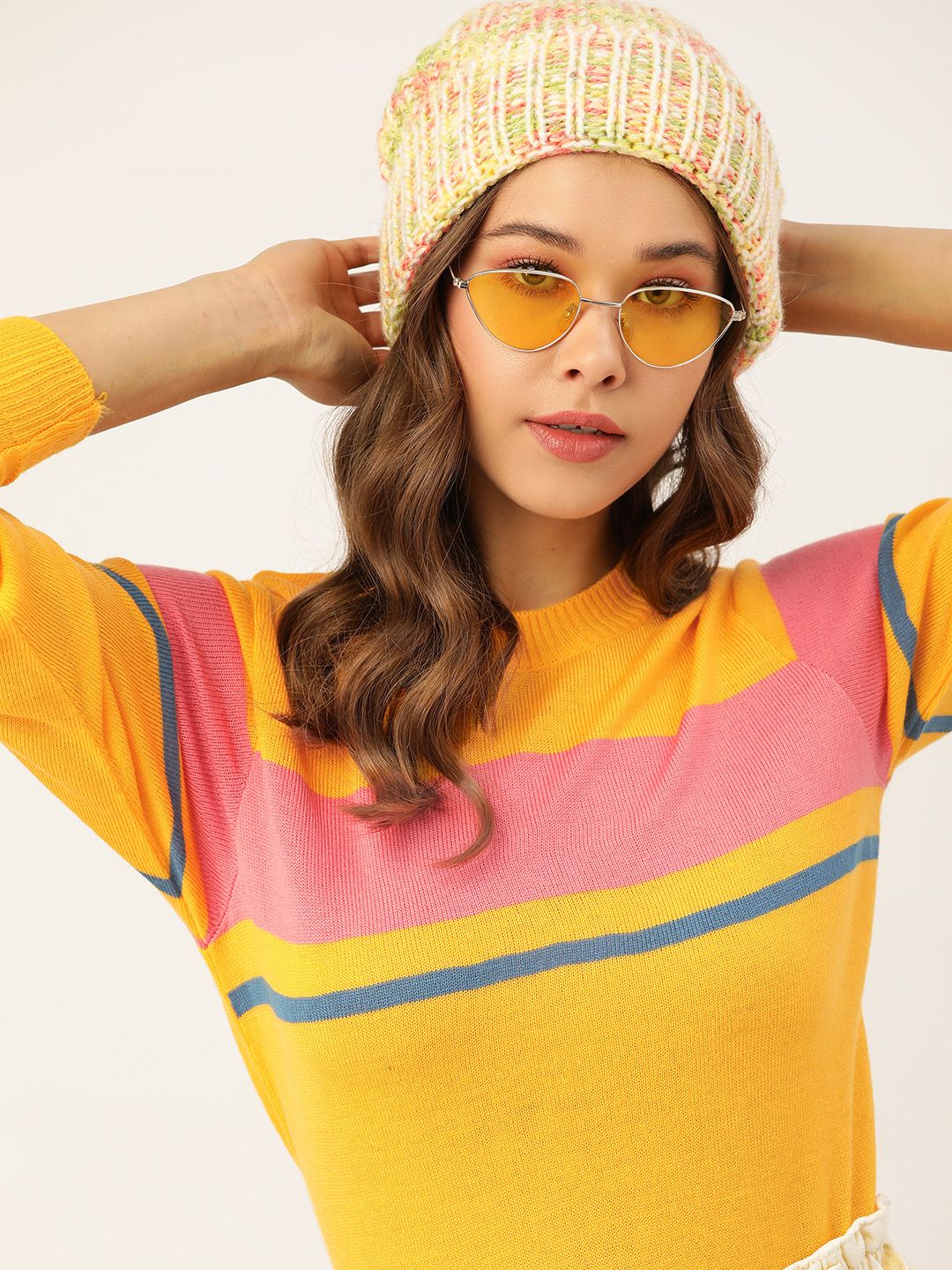DressBerry Women Mustard Yellow & Pink Striped Pullover Price in India
