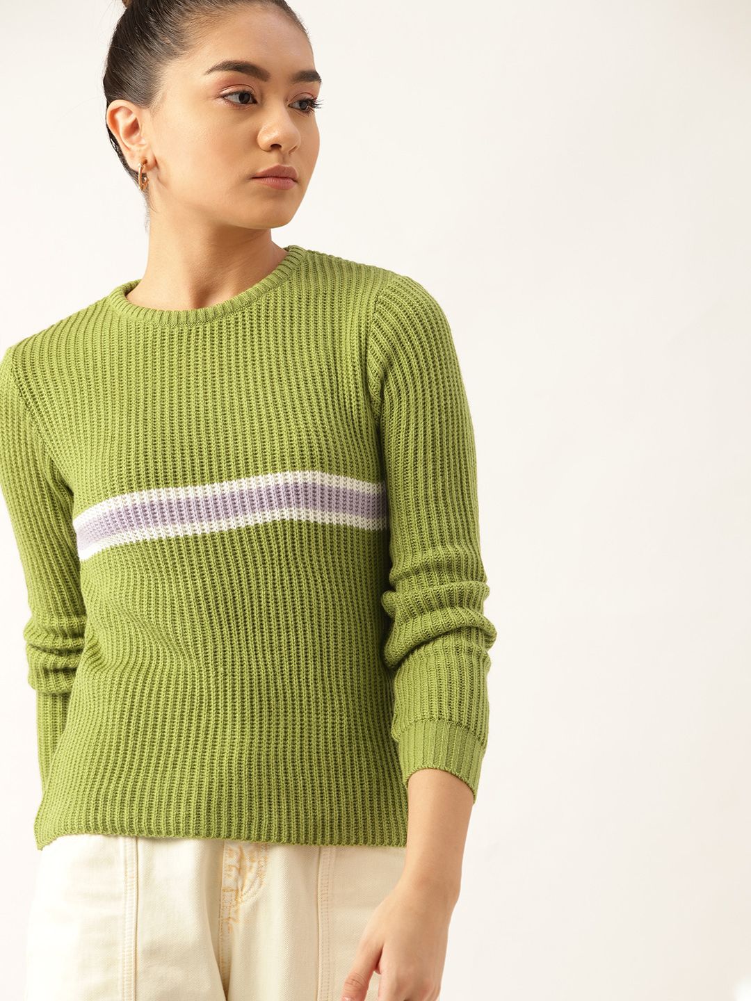 DressBerry Women Green Ribbed Striped Detail Pullover Price in India