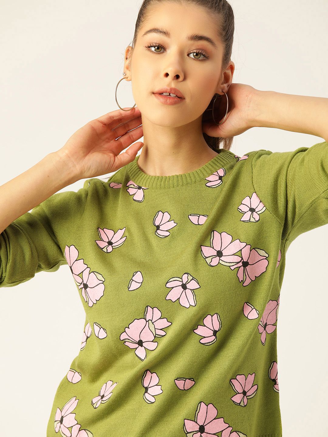 DressBerry Women Green & Pink Floral Print Acrylic Pullover Sweater Price in India