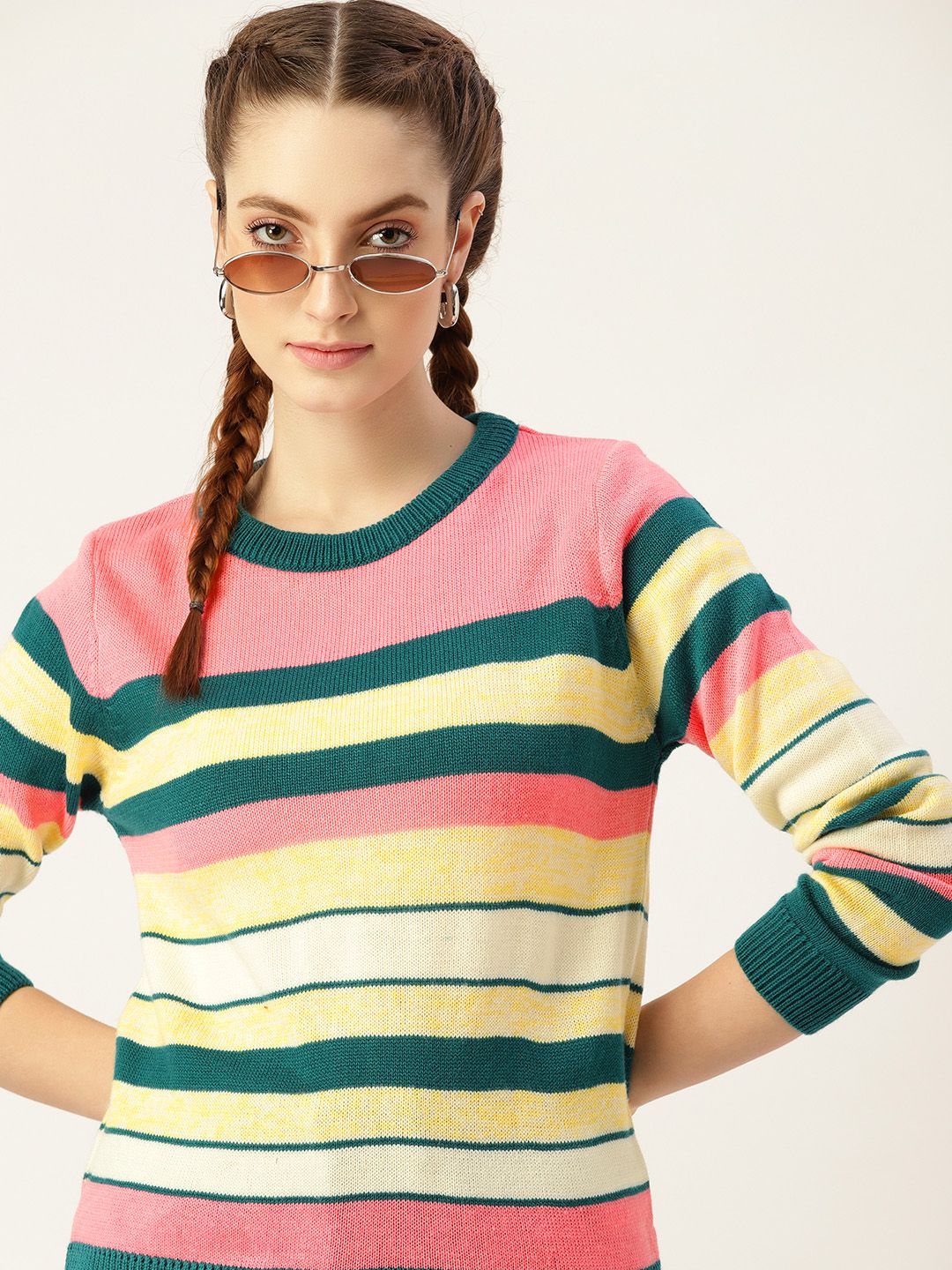 DressBerry Women Yellow & Pink Striped Pullover Price in India