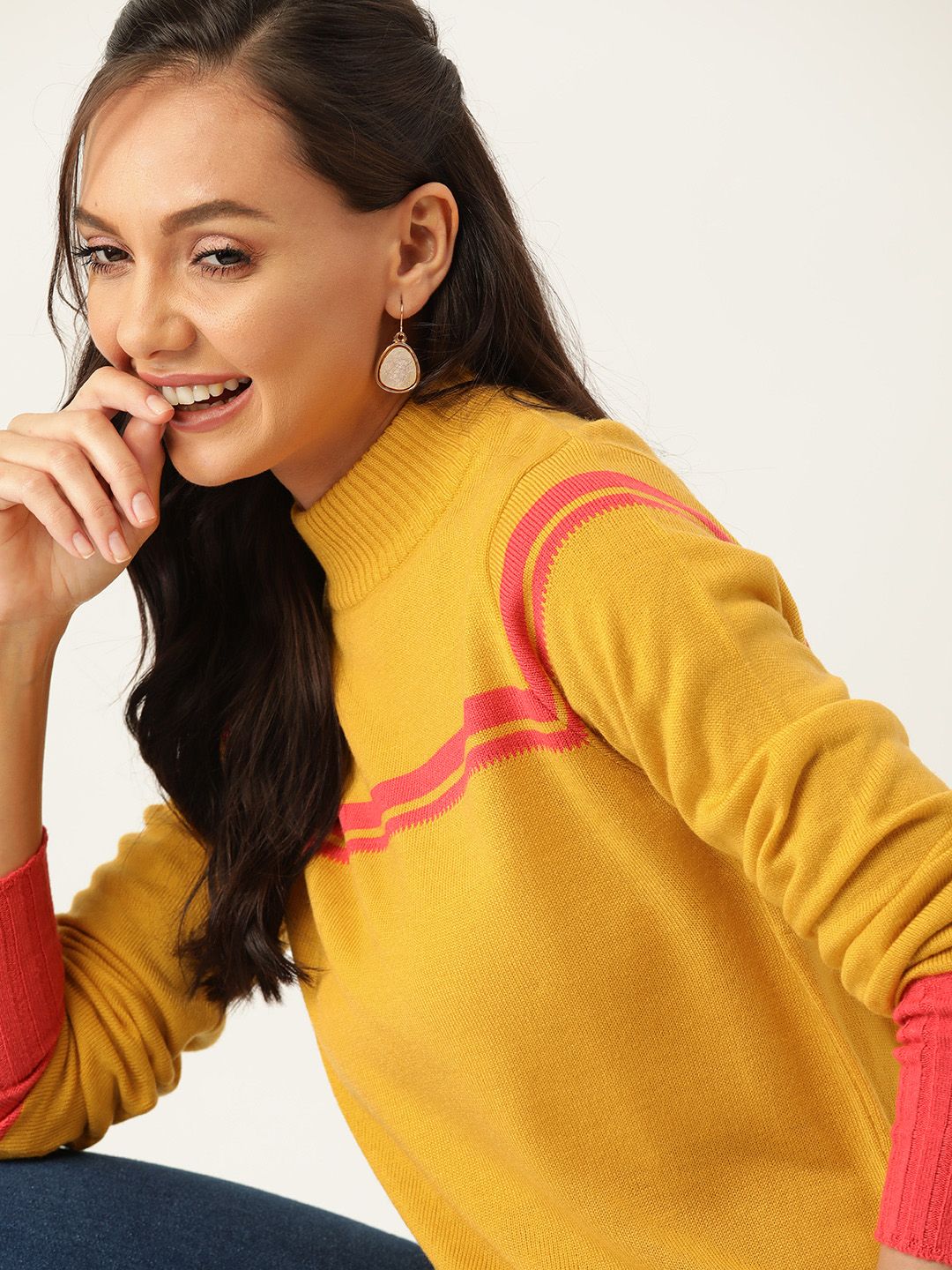 DressBerry Women Mustard Yellow & Pink Striped Sweater Price in India