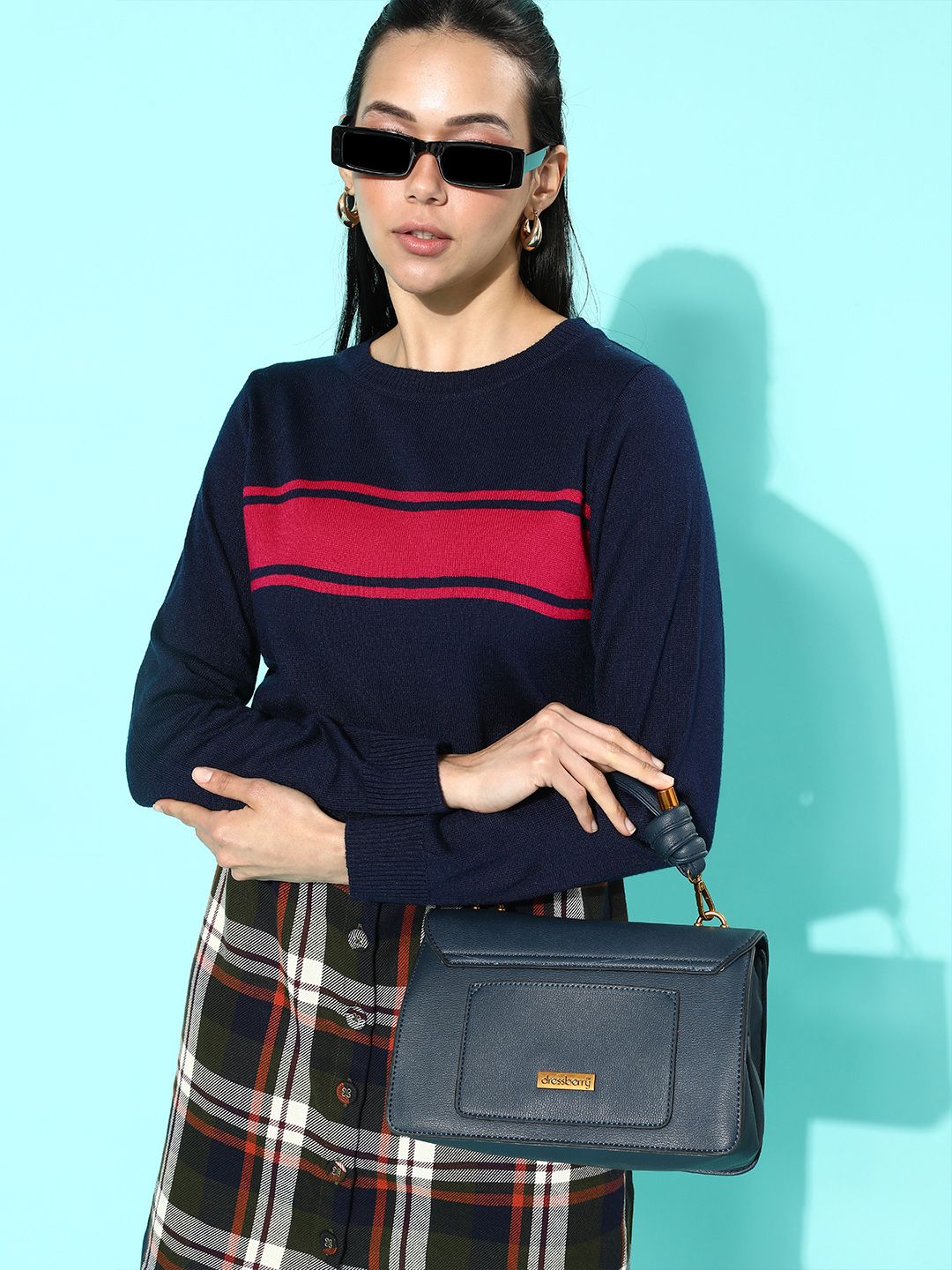 DressBerry Women Deep Navy Blue Striped Acrylic Sweater Price in India