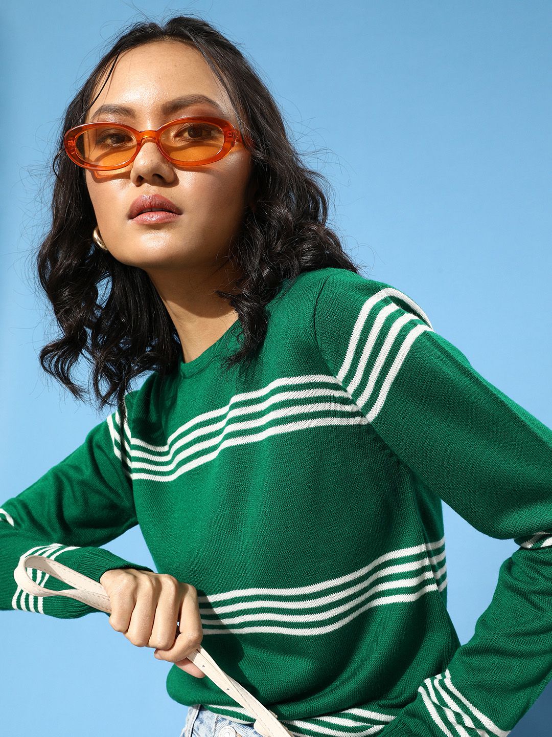 DressBerry Women Gorgeous Green Striped Knitted Sweater Price in India