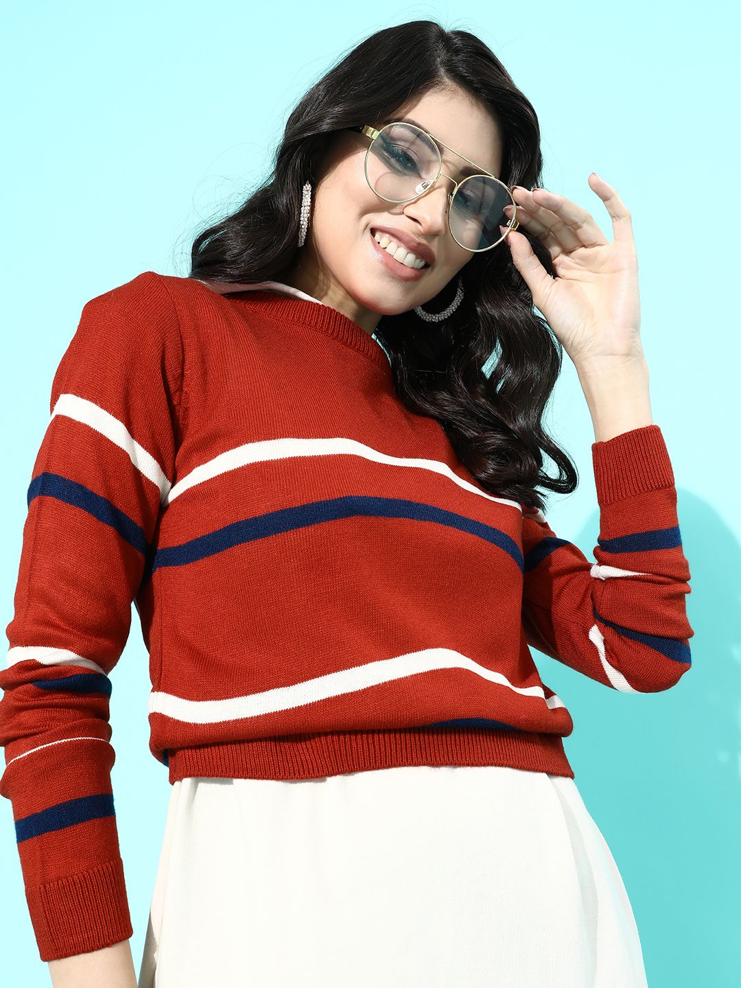 DressBerry Women Chic Rust Striped Knitted Sweater Price in India