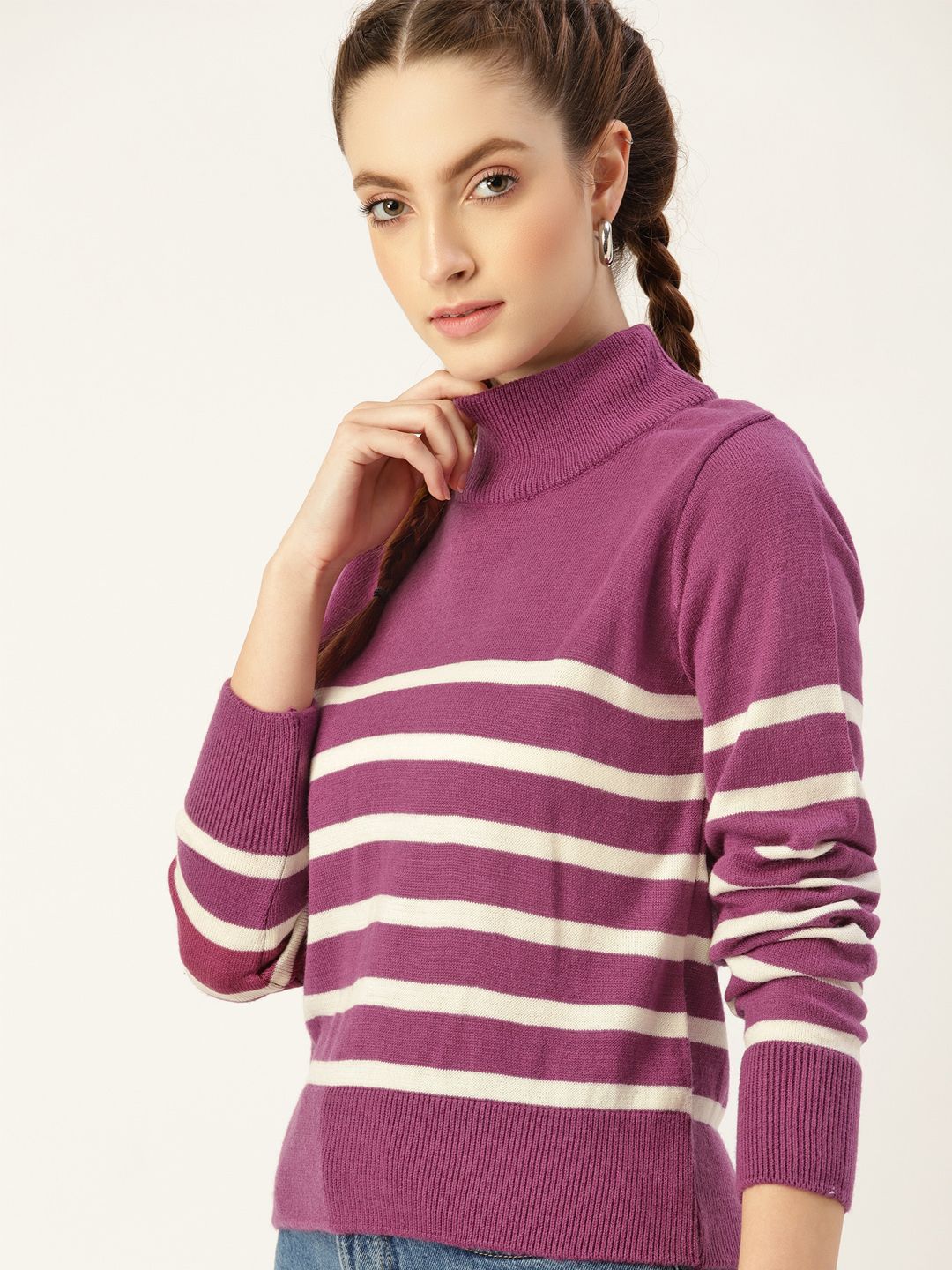 DressBerry Women Purple & Off White Striped Pullover Price in India