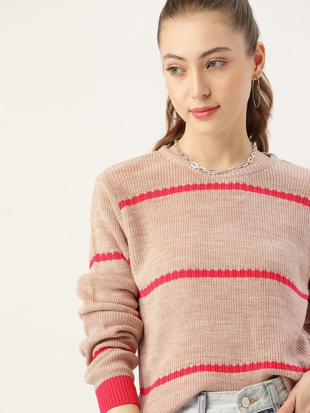 DressBerry Women Beige & Pink Striped Pullover Price in India