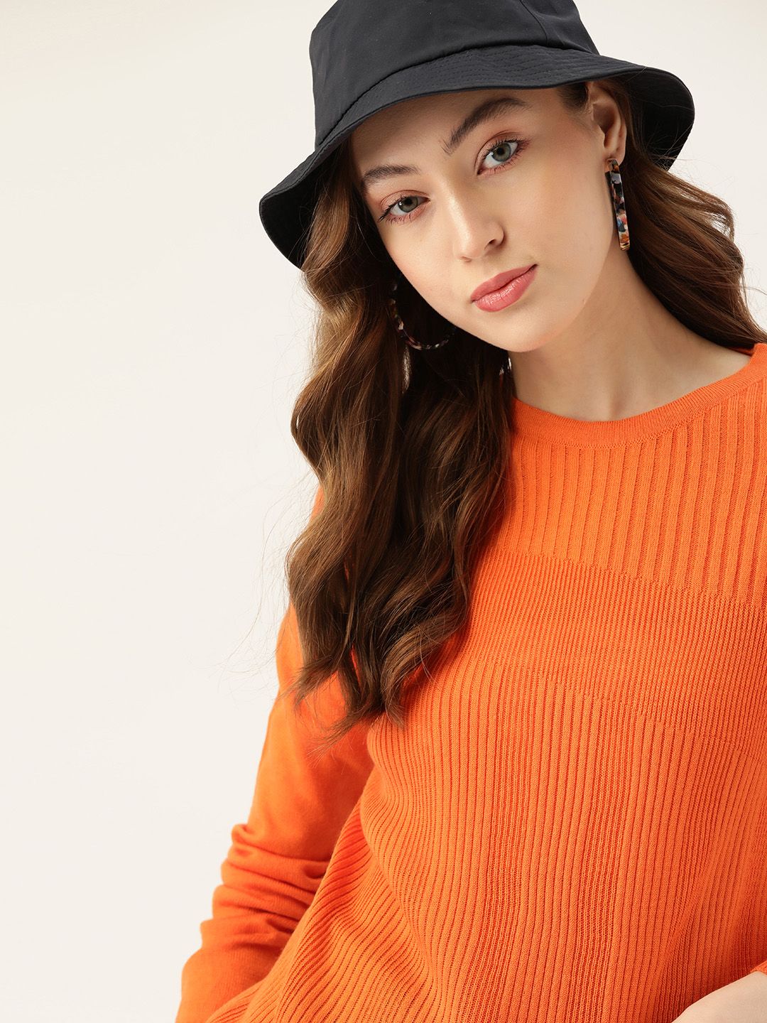 DressBerry Women Orange Striped Pullover Sweater Price in India