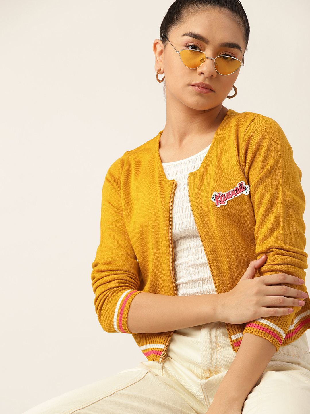 DressBerry Women Mustard Yellow Solid Cardigan with Applique Detail Price in India