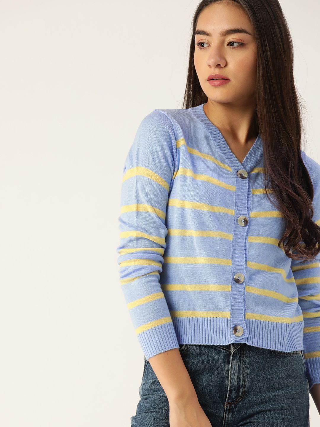 DressBerry Women Blue & Yellow Striped Cardigan Price in India