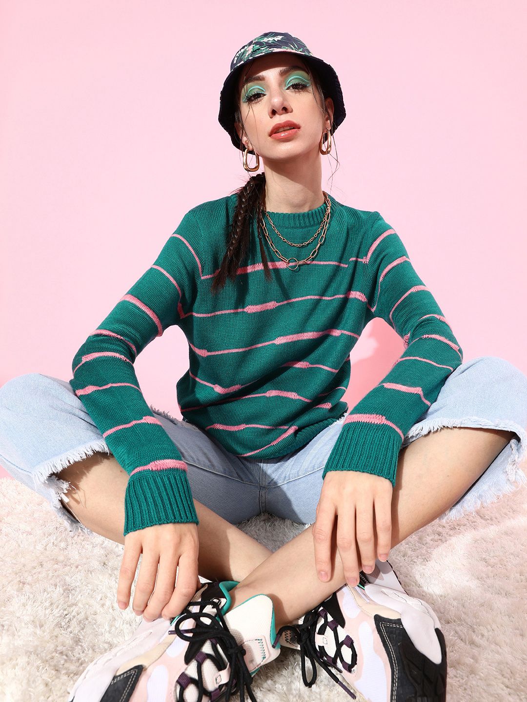 DressBerry Women Green Striped Knitted Sweater Price in India