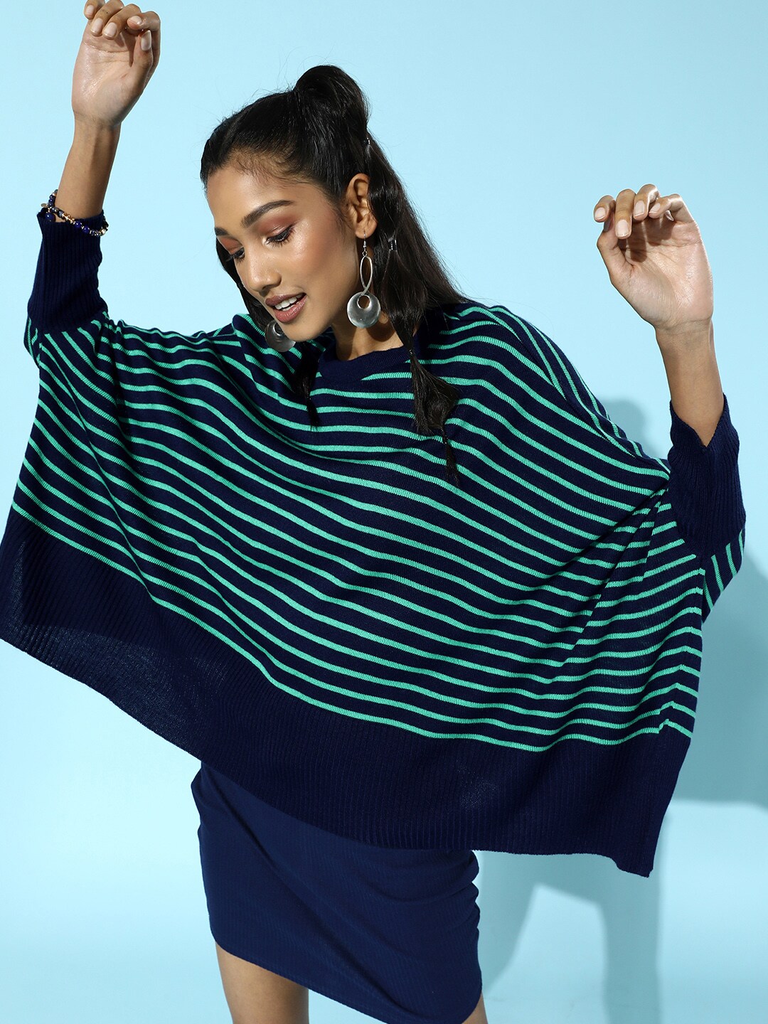 DressBerry Women Navy Blue & Turquoise Blue Striped Poncho Price in India