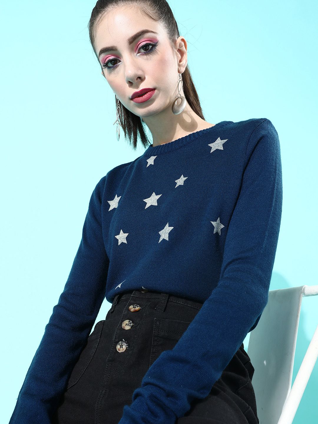 DressBerry Women Deep Navy Blue Conversational Knitted Sweater Price in India