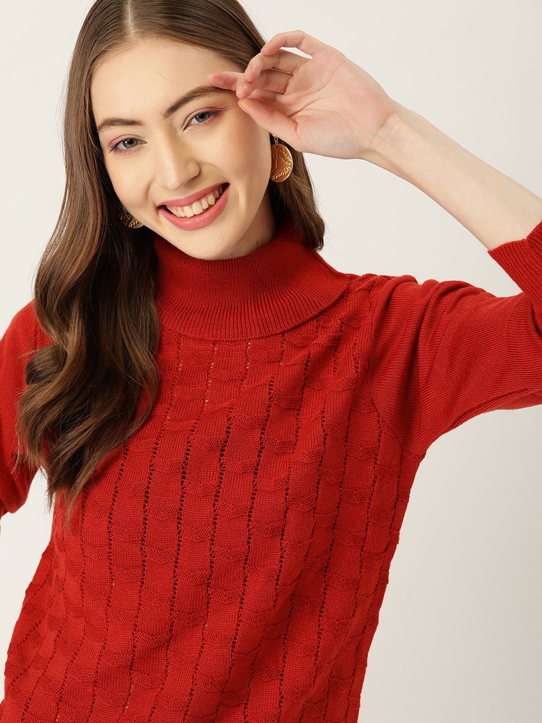 DressBerry Women Rust Red Open Knit Pullover Price in India