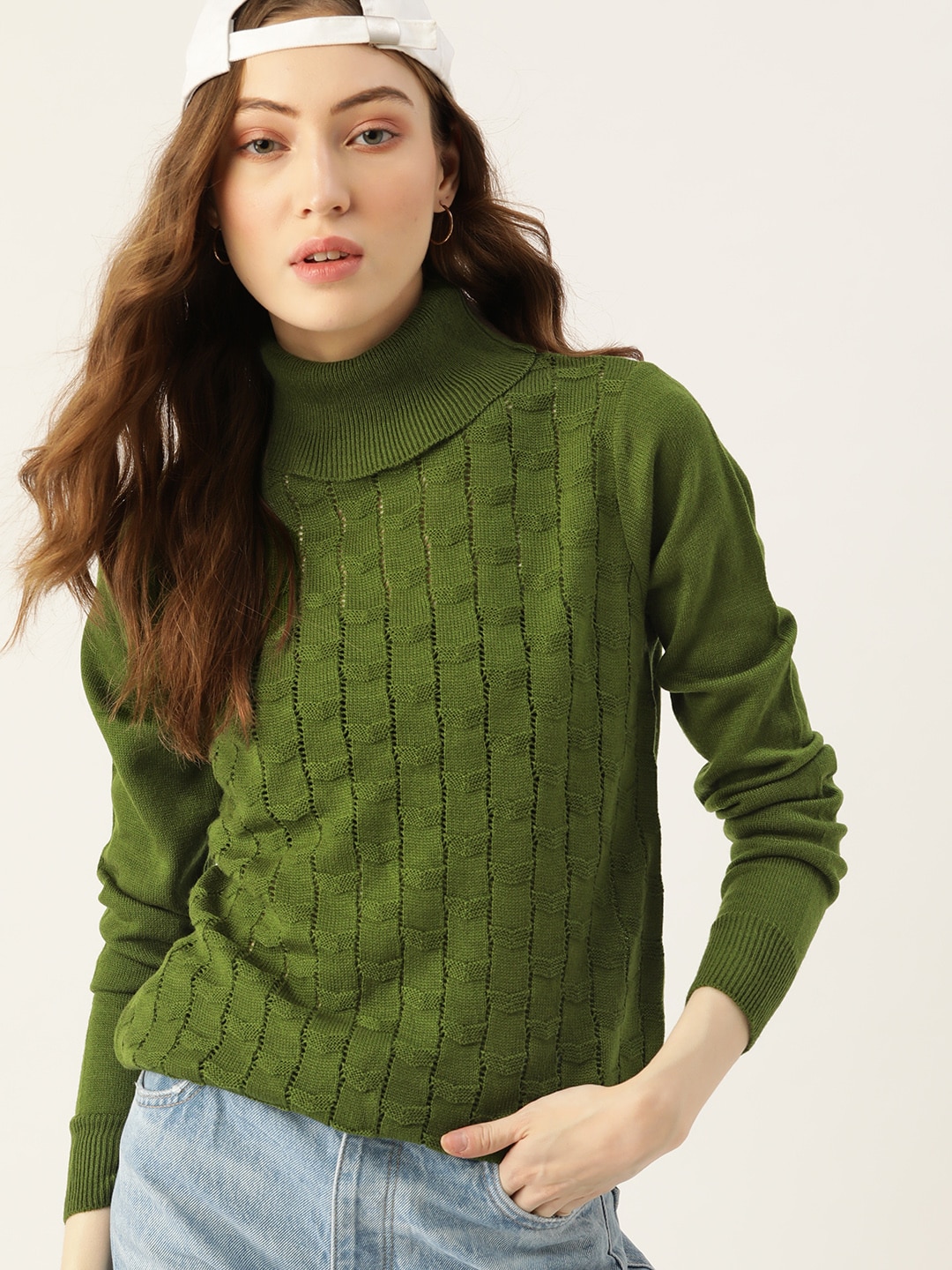 DressBerry Women Olive Green Self-Design Pullover Price in India