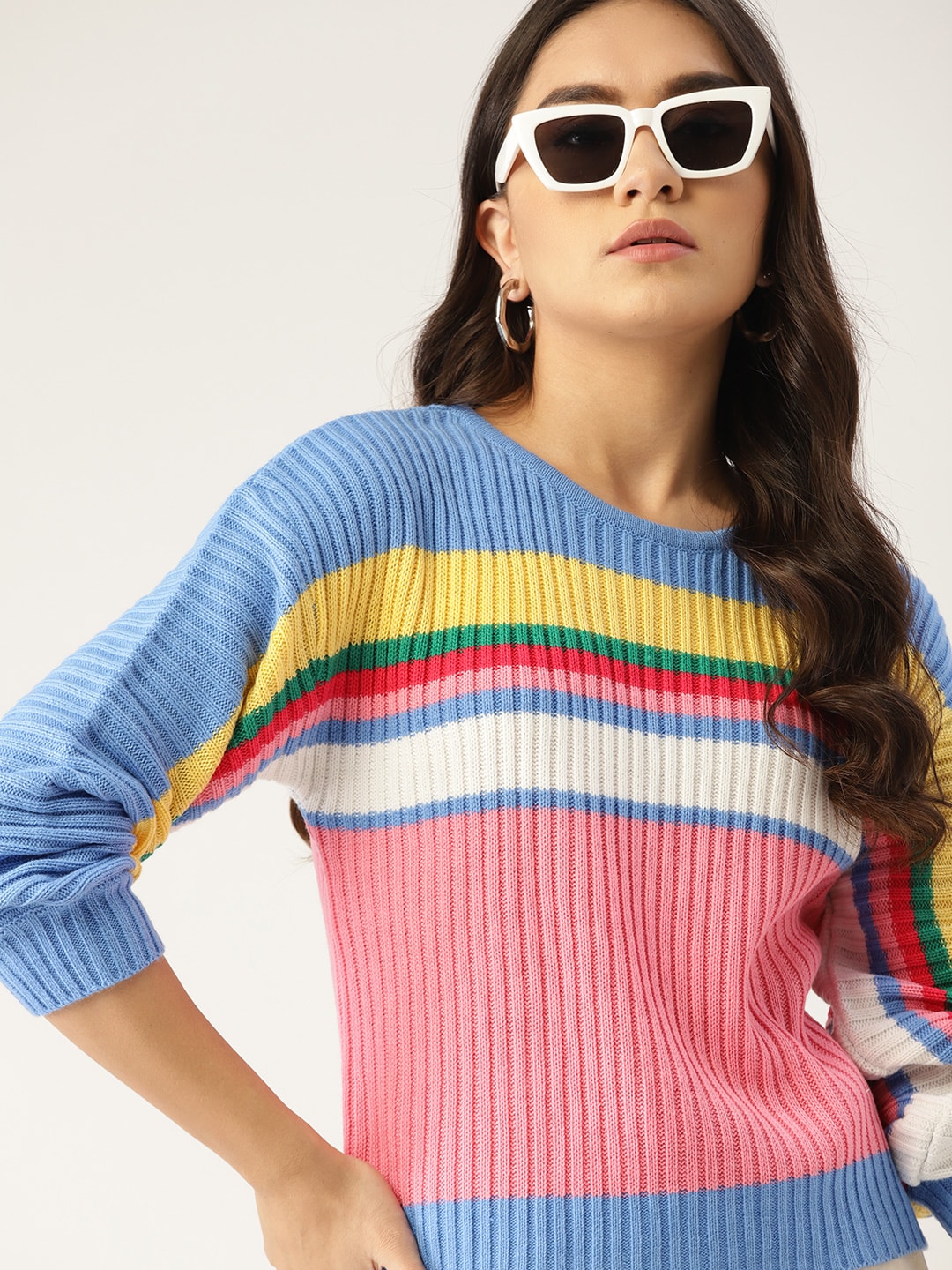 DressBerry Women Pink & Blue Striped Pullover Price in India