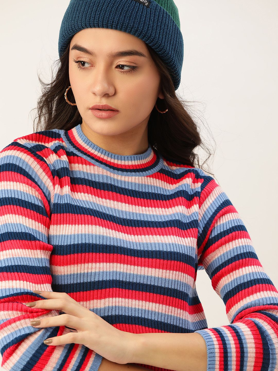 DressBerry Women Red & Navy Blue Striped Pullover Price in India