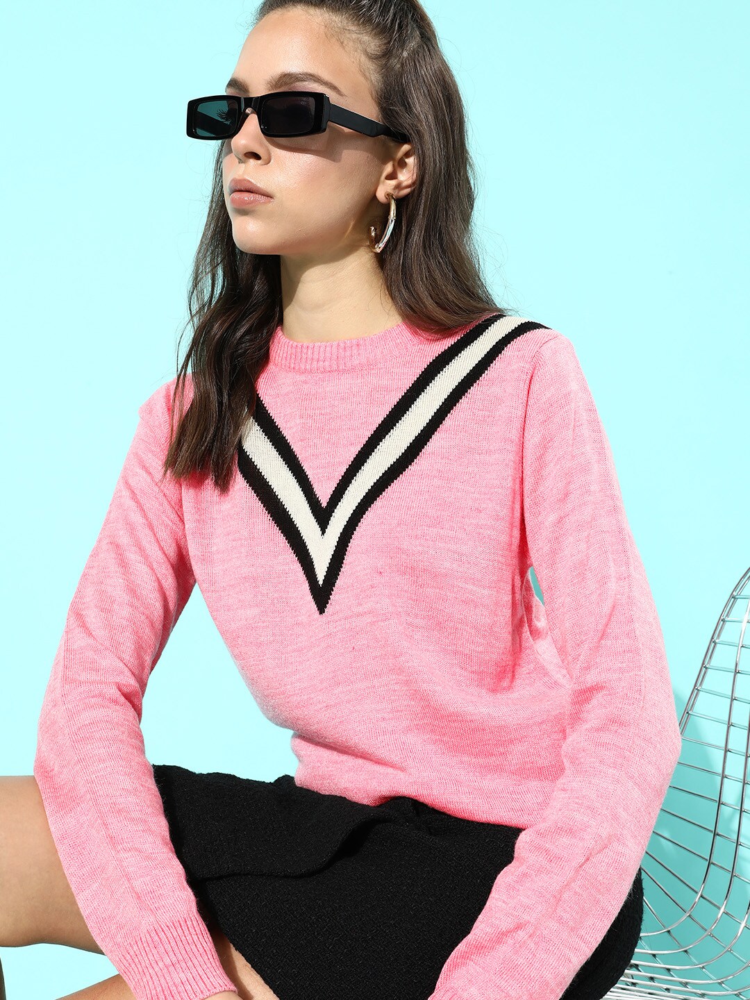 DressBerry Women Pink Chevron Knitted Sweater Price in India