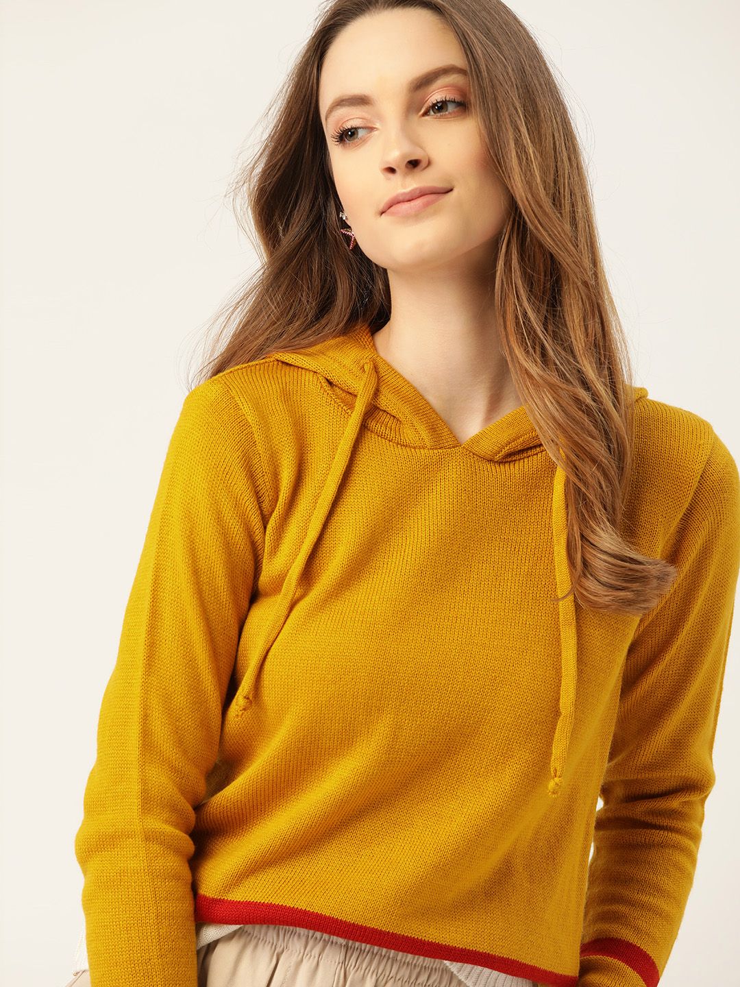 DressBerry Women Mustard Yellow Solid Hooded Pullover Price in India