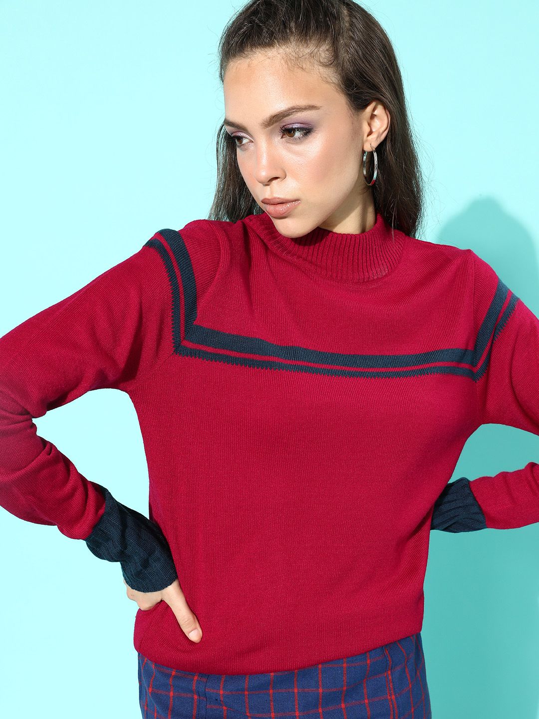 DressBerry Women Gorgeous Red Striped Knitted Sweater Price in India