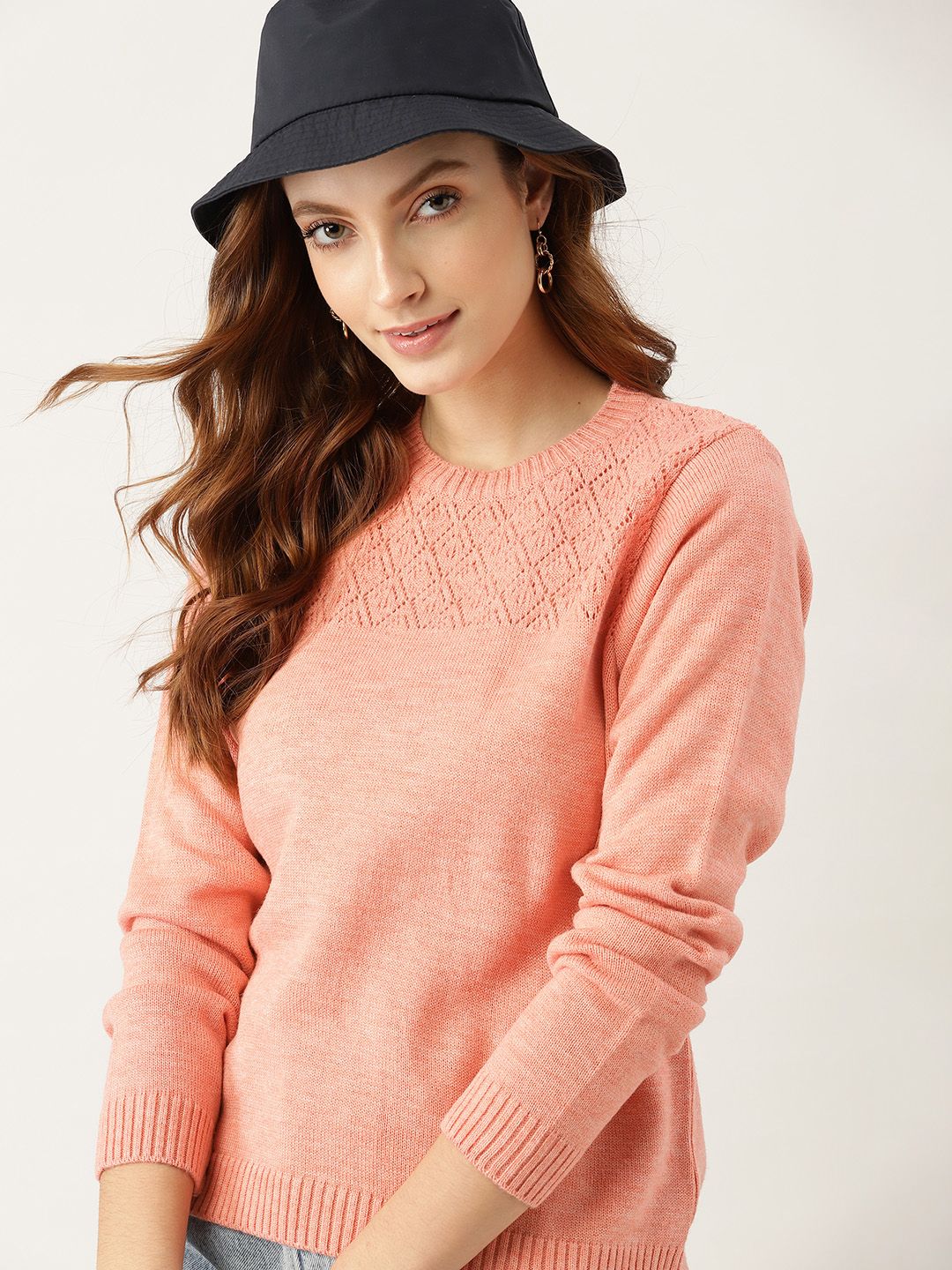 DressBerry Women Peach-Coloured Self Design Open knit Pullover Price in India