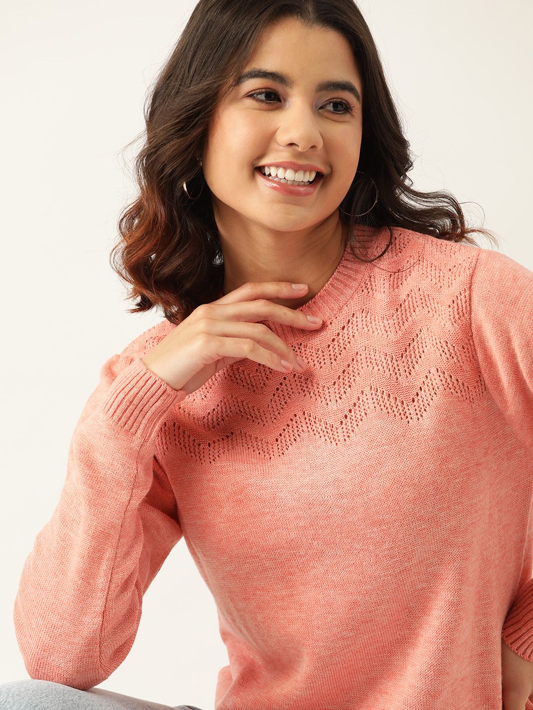 DressBerry Women Peach-Coloured Self Designed Pullover Sweater Price in India