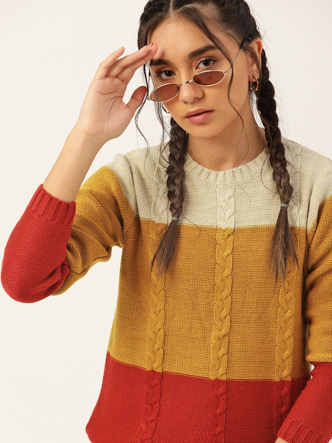 DressBerry Women Mustard & Red Cable Knit Colourblocked Pullover Price in India