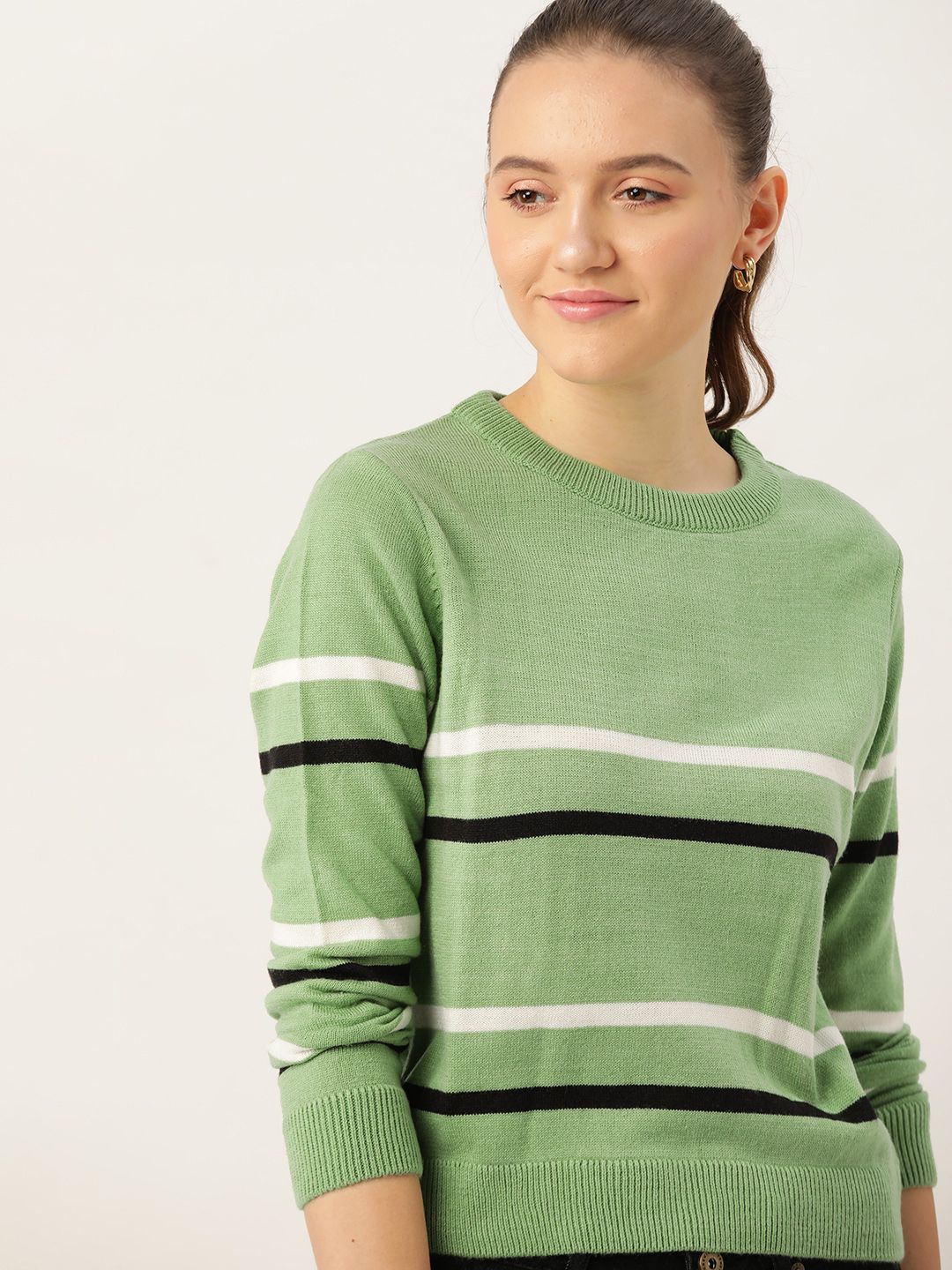 DressBerry Women Green & White Striped Pullover Price in India