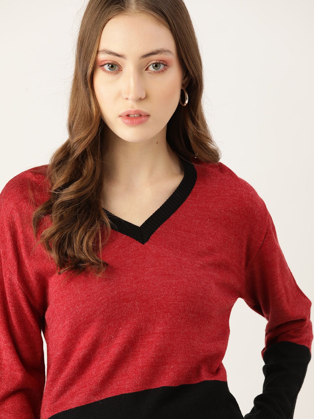 DressBerry Women Maroon & Black Colourblocked Pullover Price in India