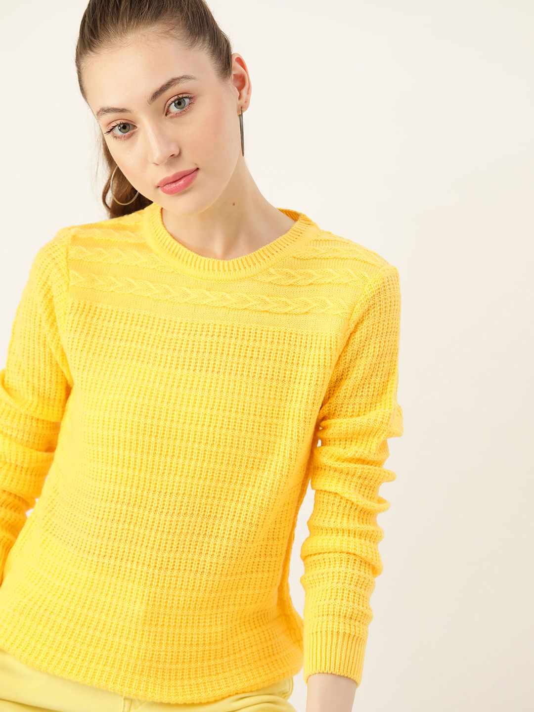 DressBerry Women Yellow Self Design Pullover Price in India