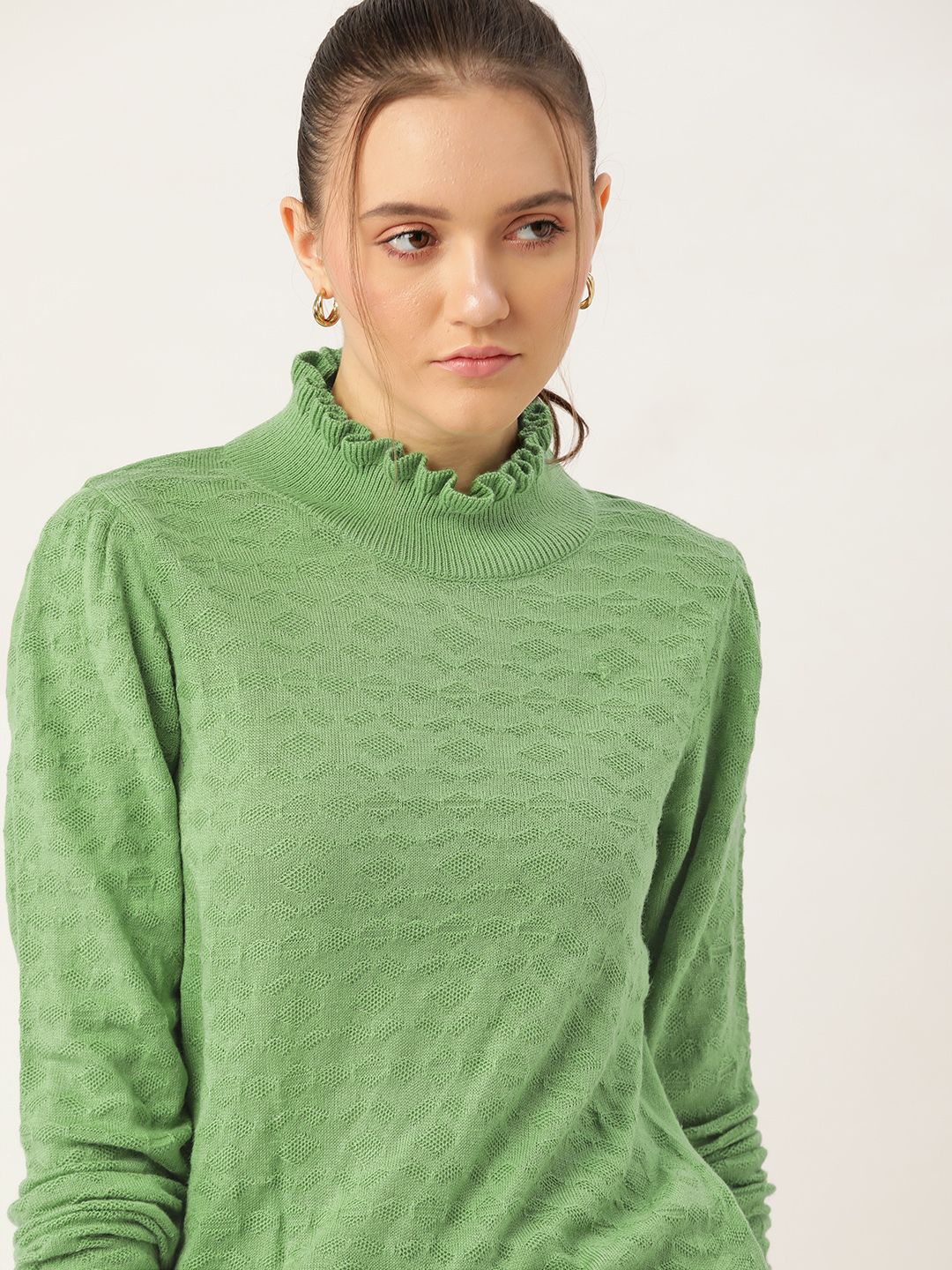 DressBerry Women Green Solid High Neck Pullover Price in India